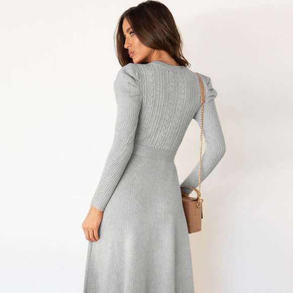 Round Neck Long Sleeve Tie Waist Sweater Dress - Picture 5 of 7